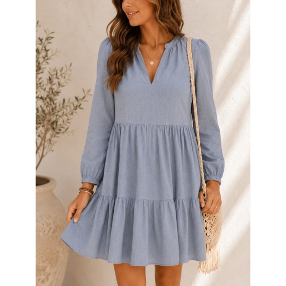 CYNTHIA ROWLEY Linen Blend Tiered Mini‎ Dress XS Chambray Blue Boho Peasant NWT